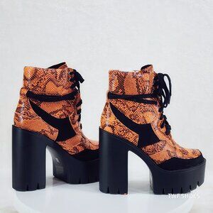 Orange Snake Black 5" Chunky Lug Sole Ankle Boots Penny